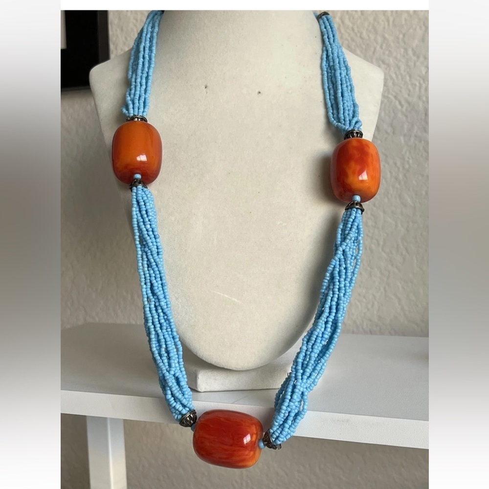 Vtg Bohemian Blue Seed Bead Multi  Strand Necklace Acrylic Chunky 24”